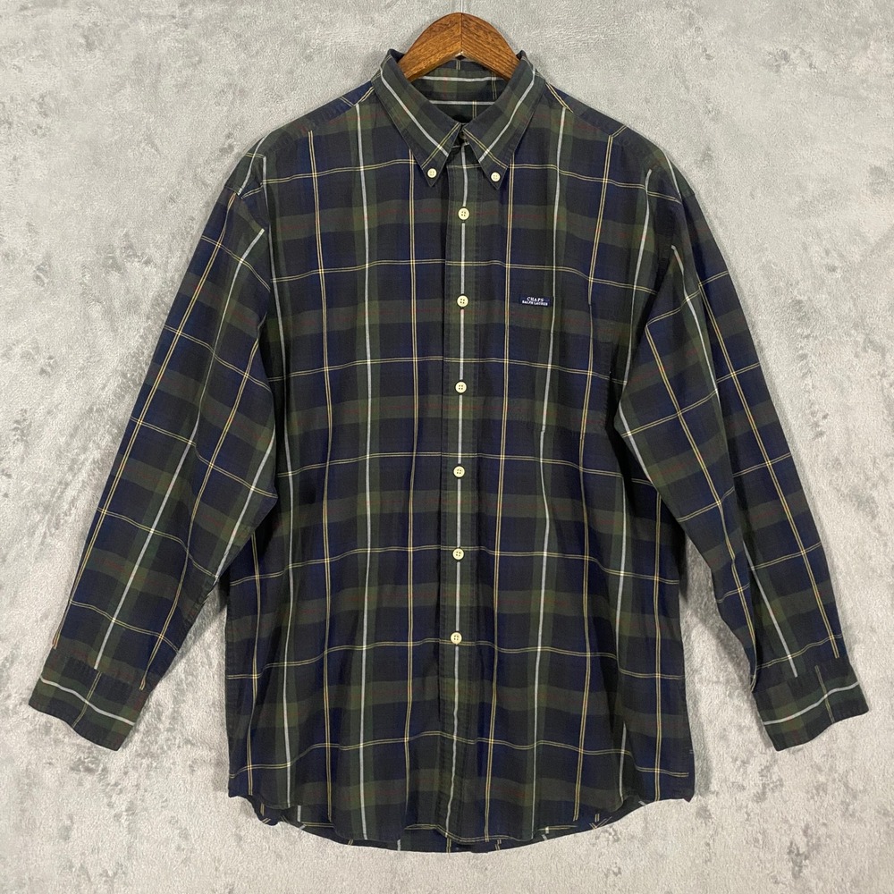 Chaps Ralph Lauren Shirt Sz L Green Navy Plaid Button Down Long Slv Heritage 90s